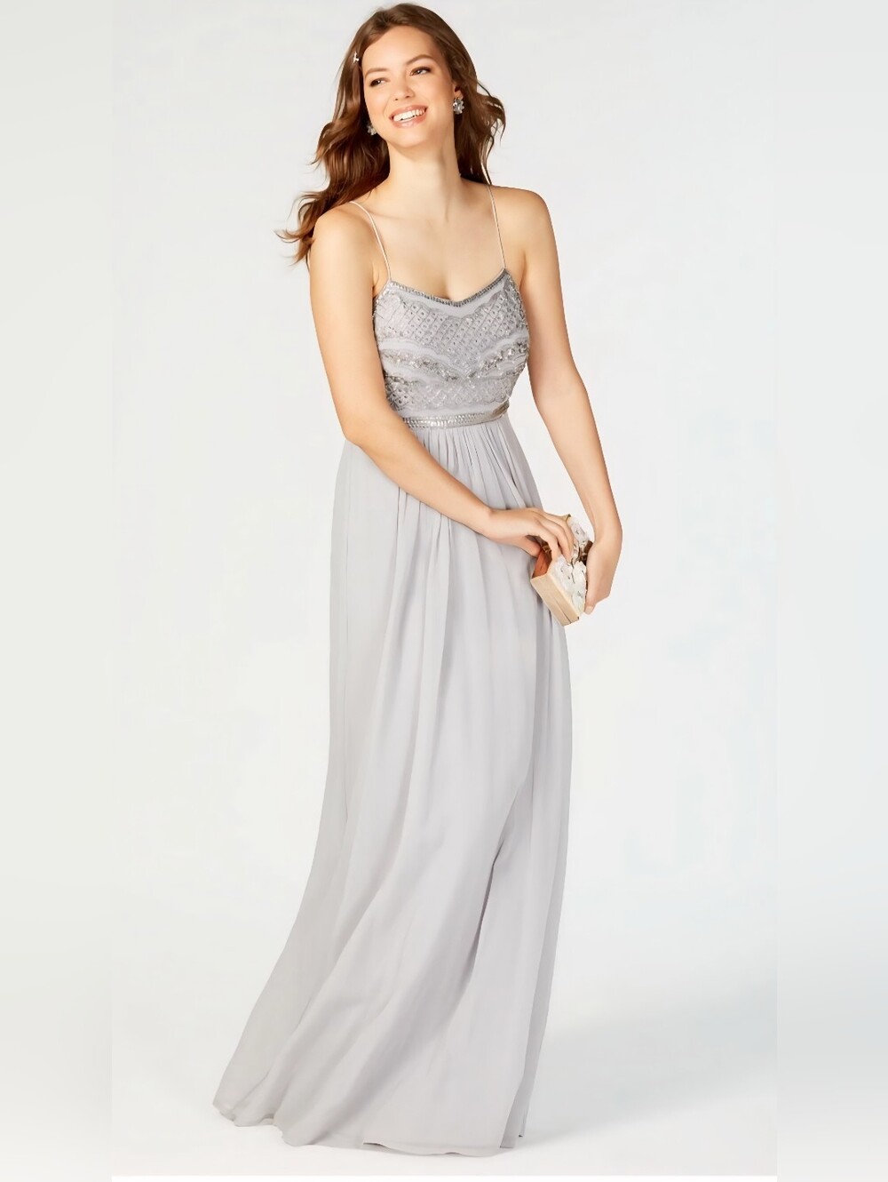 Adrianna Papell Silver Bead Chiffon‎ Bridesmaid Wedding Guest Dress 10 NWT